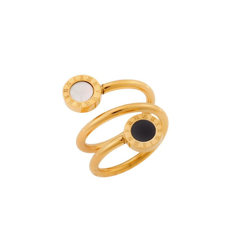 Δαχτυλίδι SENZA Gold Plated Steel, φαρδύ με ασπρόμαυρα στοιχεία