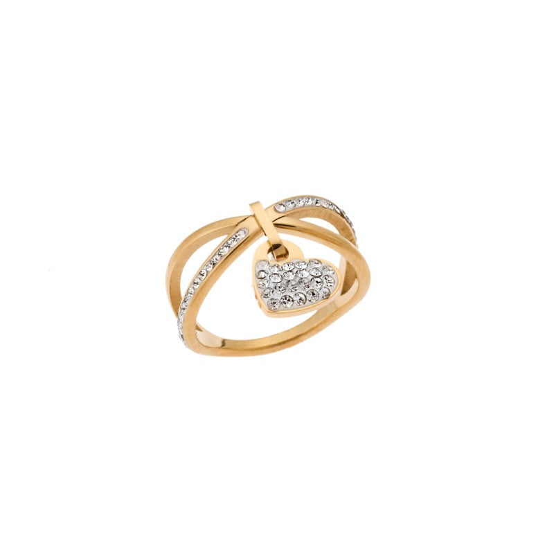 SENZA Gold Plated Steel ring, with white stones and a dangling heart