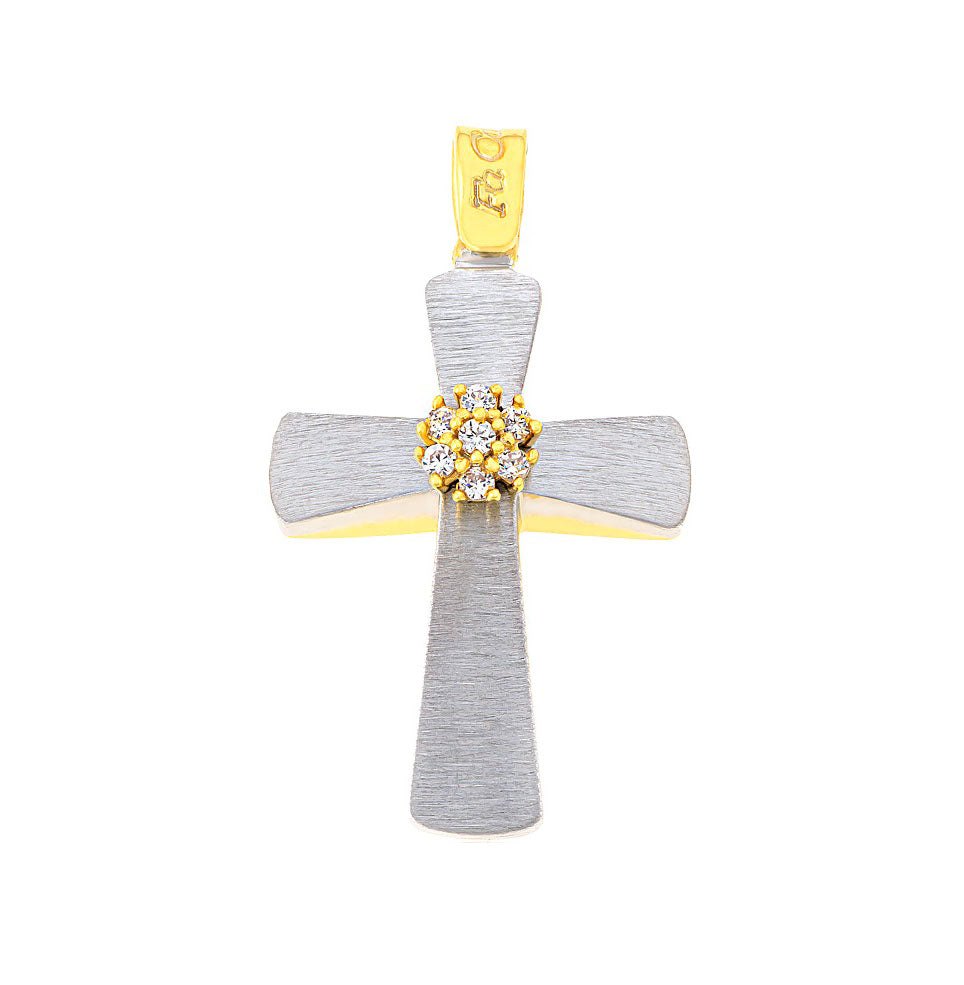 Two-Tone Gold Double-Sided Christening Cross with Zirconia