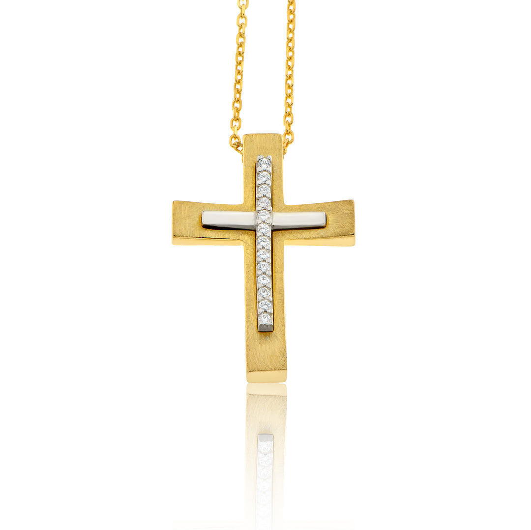 Two-tone Gold Christening Cross with Zircon and Chain