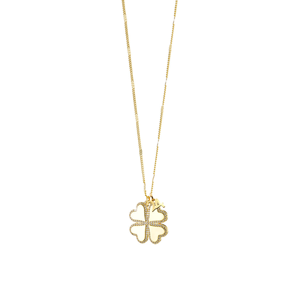 Lucky Charm Clover Necklace in Gold Metal and Zircon