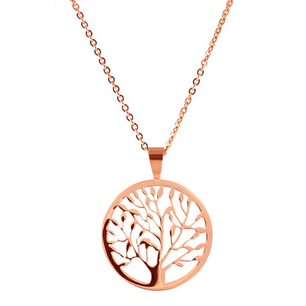 Κολιέ Tree Of Life Coin σε Ροζ Επιχρυσωμένο Ανοξείδωτο Ατσάλι