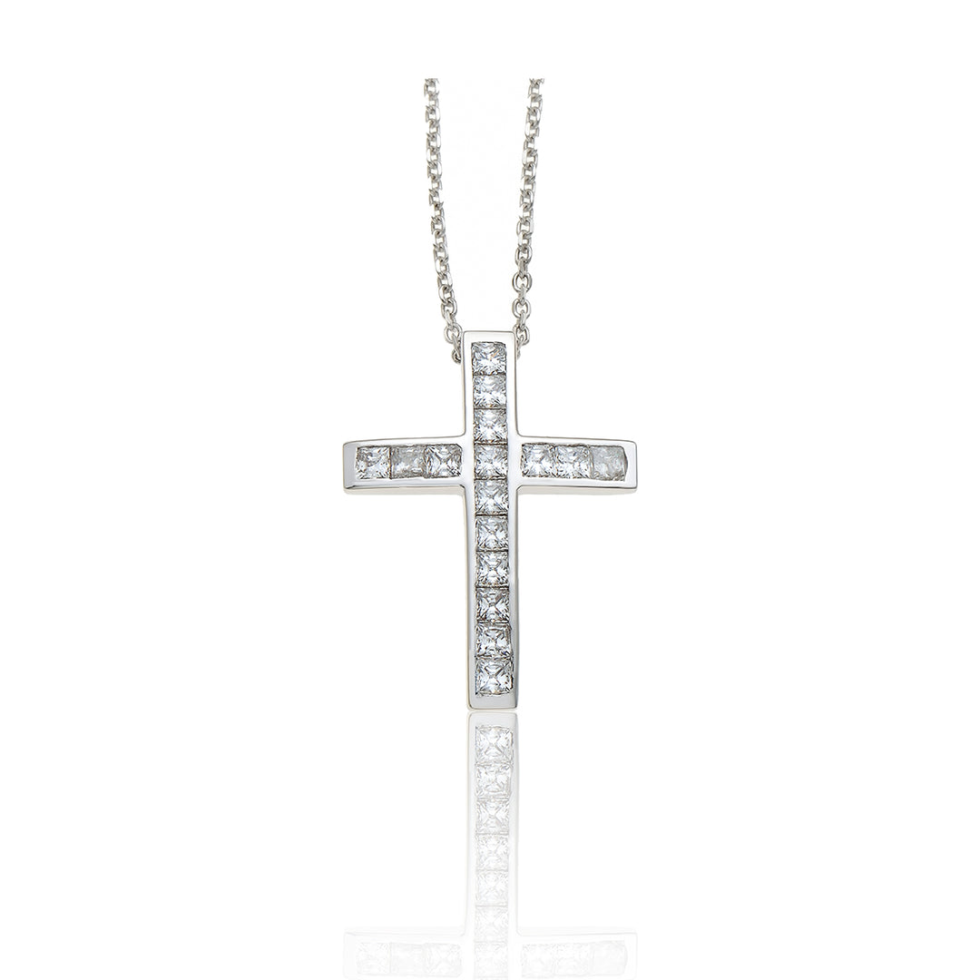 White Gold Christening Cross with Zircon and Chain