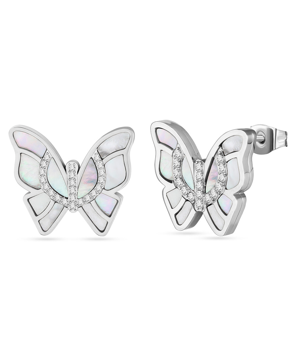 Butterfly 3.0 Earrings in Stainless Steel with Mother of Pearl and Zircon