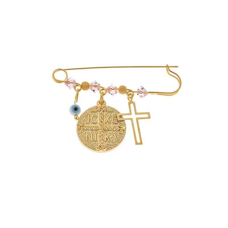 SENZA safety pin in 925 yellow gold-plated sterling silver, with Konstantinato, cross, evil eye, and stones