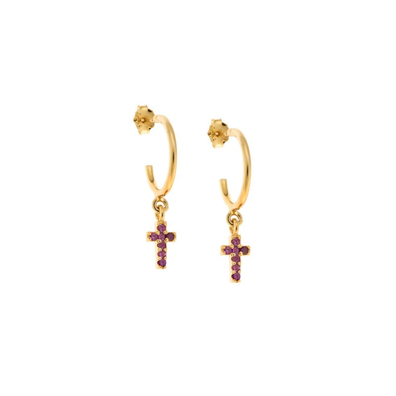 SENZA 925 sterling silver gold-plated hoop earrings, cross charm with fuchsia zirconia