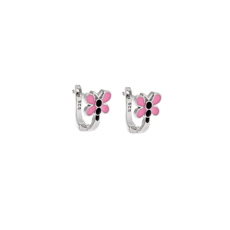 Senza hoop earrings in 925 sterling silver, with a pink-black butterfly
