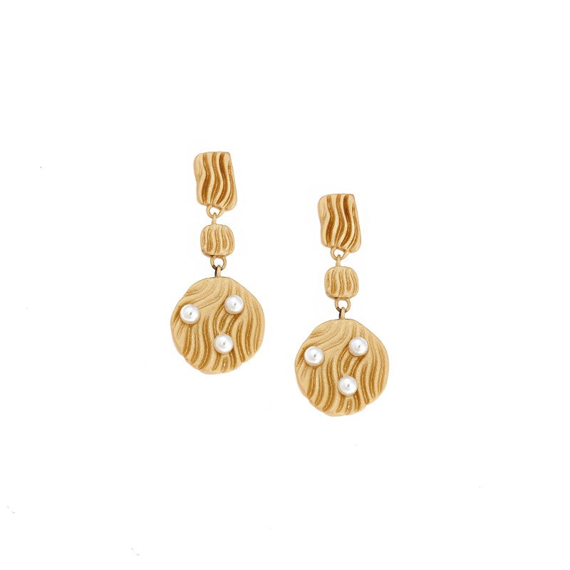Senza earrings in 925 sterling silver, gold-plated, matte drop design with white pearls