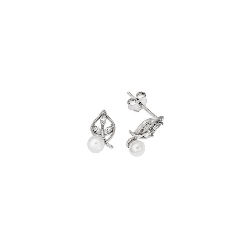 Senza 925 sterling silver earrings, leaf design with white zirconia and pearl