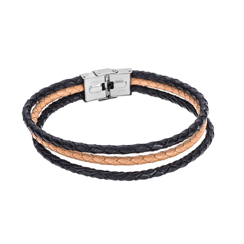 Βραχιόλι Arleti Men Steel Black And Beige Leather Strap