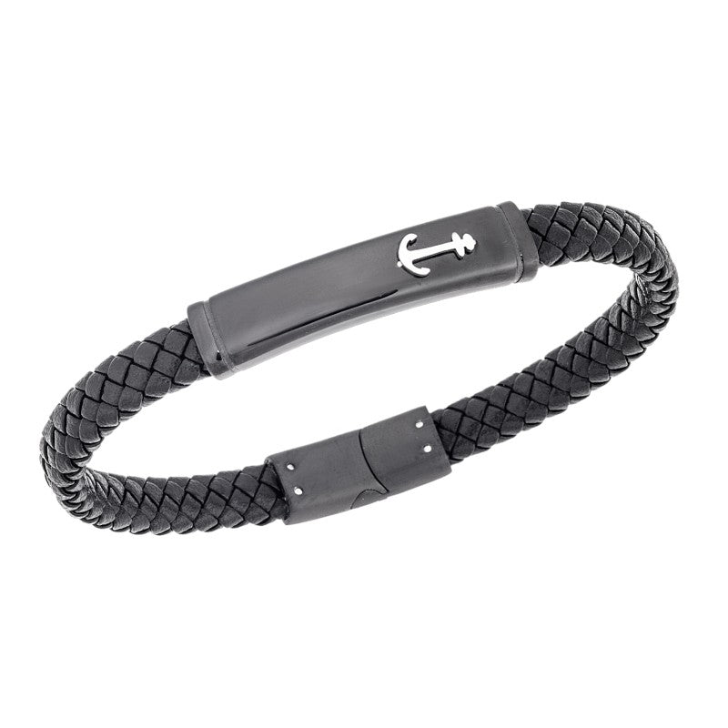 Βραχιόλι Arleti Men Steel, Black Leather Strap With Anchor