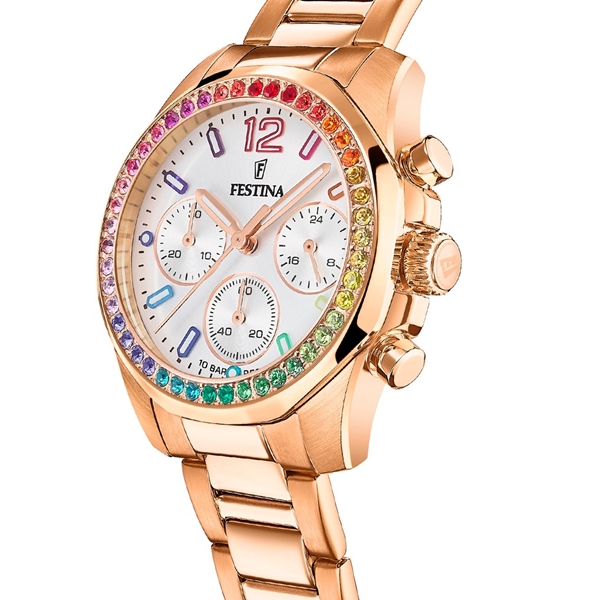 Boyfriend Rainbow Chronograph Rose Gold Stainless Steel Bracelet